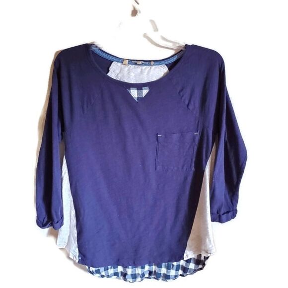 ANTHROPOLOGIE Little Yellow Button Blue 3/4 Top M - Picture 1 of 8
